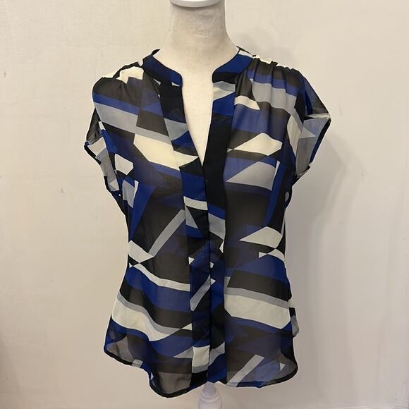 3/$30 Metaphor black blue sheer patterned cap sleeve blouse Size S - Picture 3 of 8